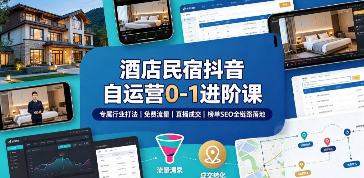 酒店民宿抖音自运营0-1进阶课｜专属行业打法、免费流量+直播成交+榜单SEO全链路落地