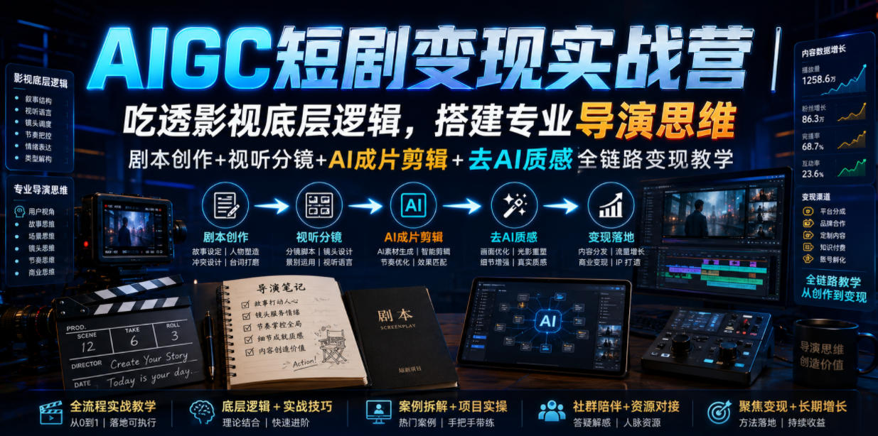 AIGC短剧变现实战营|吃透影视底层逻辑,搭建专业导演思维,剧本创作+视听分镜+AI成片剪辑+去AI质感全链路变现教学