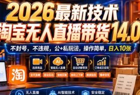 2026最新技术,淘宝无人直播带货14.0,不封号,不违规,公+私玩法,操作简单,日入10张【揭秘】