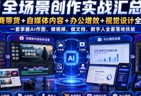 AI全场景创作实战汇总课|电商带货+自媒体内容+办公增效+视觉设计全覆盖,一套掌握AI作图、做视频、做文档、数字人全套落地技能