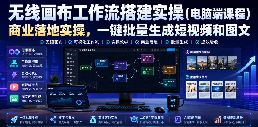 无线画布工作流搭建实操（电脑端课程），商业落地实操，一键批量生成短视频和图文