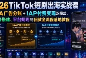 2026TikTok短剧出海实战课｜IAA广告分账+IAP付费变现双模式，从账号搭建、平台规则到回款全流程落地教程