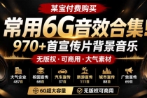 某宝付费购买，常用6G音效合集！970+首宣传片背景音乐，无版权可商用大气素材，分类清晰，高质量内容