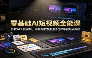 零基础AI短视频全能课:多款AI工具实操,海量爆款模板搭配剪辑带货全流程