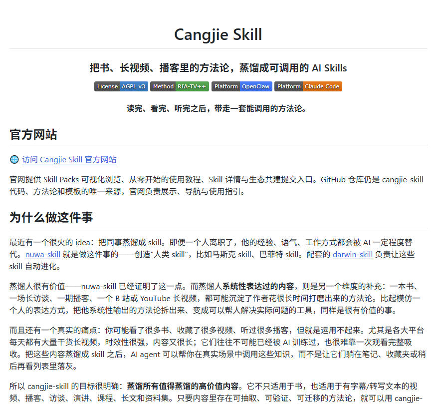 全网走红!GitHub上6.7K Star的开源项目,把任何书、长视频、播客蒸馏成AI工具,值得收藏cangjie-skill