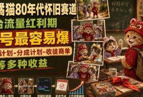 AI橘猫80年代怀旧赛道，平台流量红利期，新号最容易爆，伙伴计划-分成计划-收徒商单等多种收益