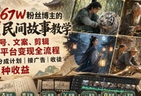 抖音67W粉丝博主的AI民间故事教学，从起号、文案、剪辑到多平台变现全流程，伙伴分成计划接广告等多种收益，月入1W+