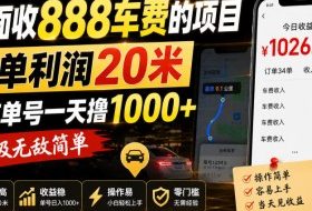 外面收888车费的项目，一单利润20米，之前单号一天撸1k+，超级无敌简单