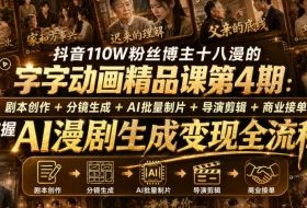 抖音110W粉丝博主十八漫的字字动画精品课第4期：剧本创作+分镜生成+剪辑+商业接单，掌握AI漫剧生成变现全流程