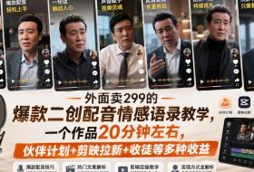外面卖299的爆款二创配音情感语录教学,一个作品20分钟左右,伙伴计划+剪映拉新+收徒等多种收益