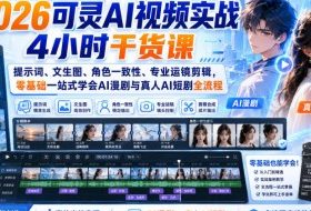2026可灵AI视频实战4小时干货课|提示词、文生图、角色一致性、专业运镜剪辑,零基础一站式学会AI漫剧与真人AI短剧全流程