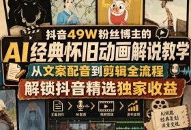抖音49W粉丝博主的AI经典怀旧动画解说教学,从文案配音到剪辑全流程,解锁抖音精选独家收益