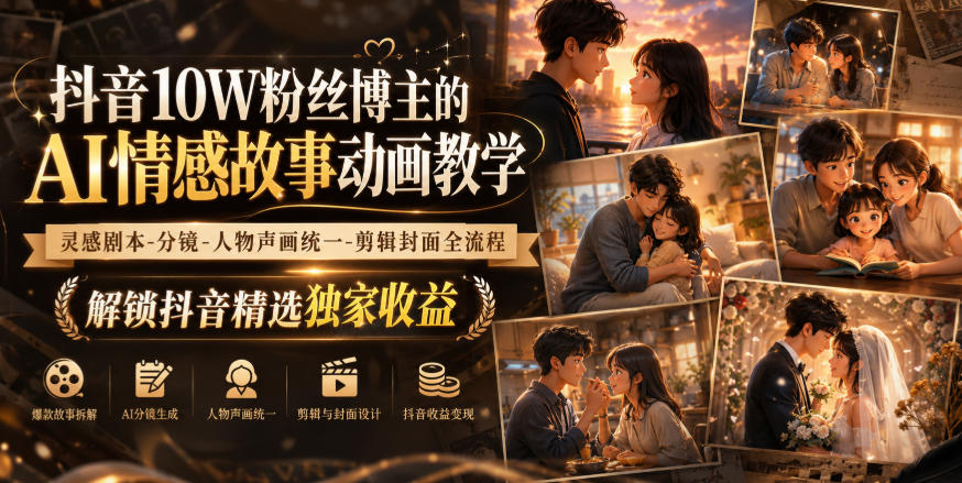 抖音10W粉丝博主的AI情感故事动画教学,灵感剧本‑分镜‑人物声画统一‑剪辑封面全流程,解锁抖音精选独家收益