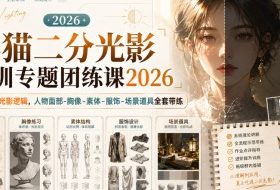 小猫二分光影特训专题团练课2026|吃透二分光影逻辑,人物面部‑胸像‑素体‑服饰‑场景道具全套带练,高清画质附赠课件与笔刷