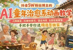 抖音5W粉丝博主的AI童年治愈系动画教学,人物换装、AI脚本撰写、固定场景、生图生视频等,手把手带你进精选签独家