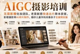 AIGC摄影培训|无需影棚化妆团队,老景新搭快速出片降本获客,影楼摄影师AI样片制作,婚纱儿童孕妈肖像亲子全案例实操