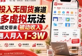 轻投入无囤货赛道，多多虚拟玩法自主成交带来被动收入，普通人月入1-3W