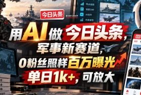 用AI做今日头条,军事新赛道,0粉丝照样百万曝光,单日1k+,可放大