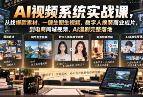 AI视频系统实战课，从找爆款素材、一键生图生视频、数字人换装商业成片，到电商同城视频、AI漫剧完整落地