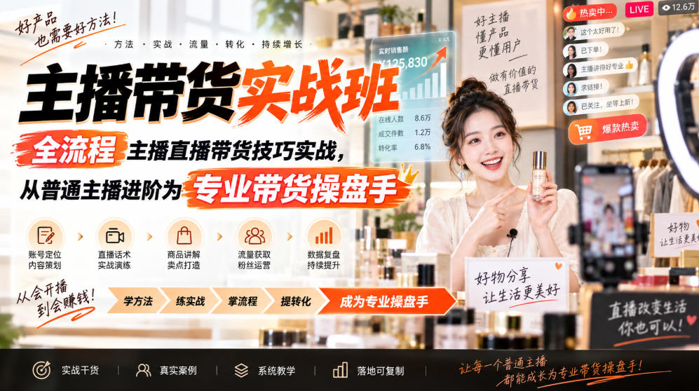 主播带货实战班ZB,全流程主播直播带货技巧实战,从普通主播进阶为专业带货操盘手