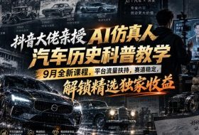 抖音大佬亲授AI仿真人汽车历史科普教学，9月全新课程，平台流量扶持，赛道稳定，解锁精选独家收益
