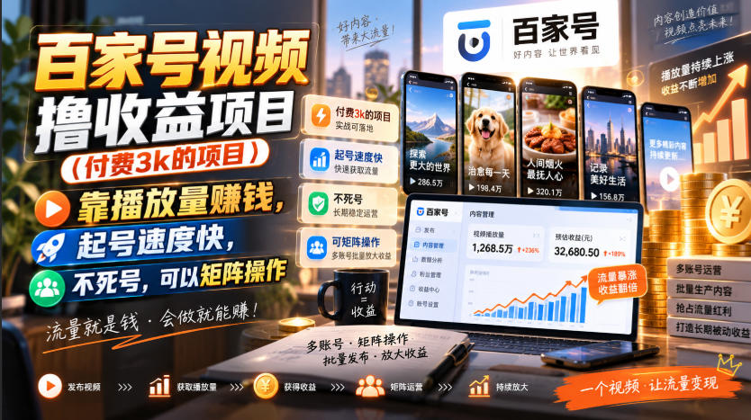 百家号视频撸收益项目(付费3k的项目),靠播放量賺钱,起号速度快,不死号,可以矩阵操作