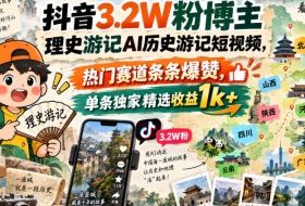 抖音3.2W粉博主理史游记AI历史游记短视频教学，热门赛道条条爆赞，单条独家精选收益1k+