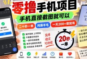 零撸手机项目，手机直接截图就可以，二十秒一单，纯薅羊毛，一天200+做就有【揭秘】