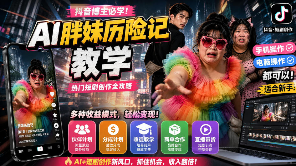 抖音博主的AI胖妹历险记教学,伙伴计划+分成计划+收徒+商单等多种收益,适合新手,手机电脑都可以操作