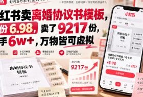 小红书卖离婚协议书模板，一份6.98，卖了9217份，到手6w+，万物皆可虚拟