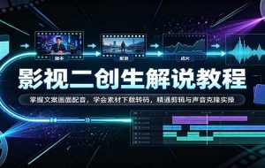 影视二创解说教程：掌握文案画面配音，学会素材下载转码，精通剪辑与声音克隆实操