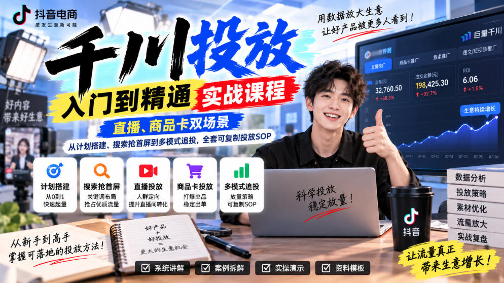 千川投放入门到精通实战课程,直播、商品卡双场景,从计划搭建、搜索抢首屏到多模式追投,全套可复制投放SOP