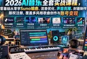 2026AI音乐实战课程,零基础从零学Suno编曲、混音优化、声音克隆、版权注册,覆盖多风格歌曲创作与账号变现