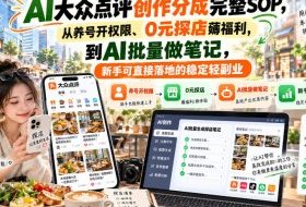 【无水印】AI大众点评创作分成完整SOP,从养号开权限、0元探店薅福利,到AI批量做笔记,新手可直接落地的稳定轻副业