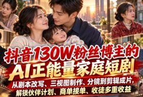 抖音130W粉丝博主的AI正能量家庭短剧,从剧本改写、三视图制作、分镜到剪辑成片,解锁伙伴计划、商单接单、收徒多重收益