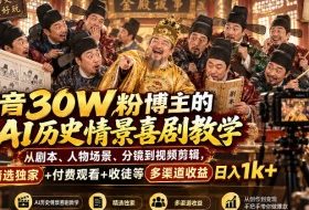 抖音30W粉博主的AI历史情景喜剧教学，从剧本、人物场景、分镜到视频剪辑，精选独家+付费观看+收徒等多渠道收益日入1k+