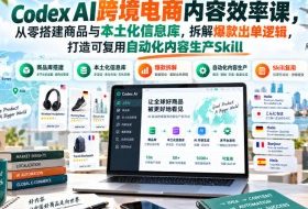 Codex AI跨境电商内容效率课，从零搭建商品与本土化信息库，拆解爆款出单逻辑，打造可复用自动化内容生产Skill