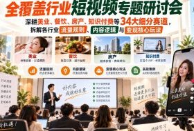 短视频专题研讨会，深耕美业、餐饮、房产、知识付费等34大细分赛道，拆解各行业流量规则、内容逻辑与变现核心玩法