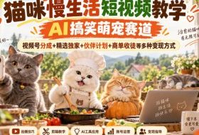 猫咪慢生活短视频教学，AI搞笑萌宠赛道，视频号分成+精选独家+伙伴计划+商单收徒等多种变现方式