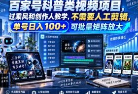 百家号科普类视频项目，过乘风和创作人教学，不需要人工剪辑，单号日入100+可批量矩阵放大