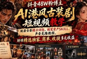 抖音48W粉博主AI港风古装剧短视频教学，配套全套提示词包、视觉资产SKILL、声音克隆教程，解锁精选独家、商单、收徒多元收益