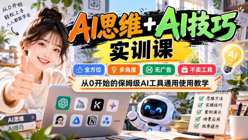 【无水印】AI思维+AI技巧实训课,全方位、多角度、无广告、不卖工具,从0开始的保姆级AI工具通用使用教学