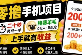 零撸手机项目,二十秒完成一单,纯薅羊毛,上手就有收益,勤快点单日收益可达200+【揭秘】