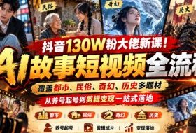 抖音130W粉大佬新课!AI故事短视频全流程,覆盖都市、民俗、奇幻、历史多题材,从养号起号到剪辑变现一站式落地
