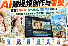 AI短视频创作与变现,覆盖写真萌娃、节气情感、风景带货全赛道,工具实操+原创去重+流量变现一站式落地
