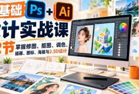 【无水印】零基础PS+AI设计实战课|22节掌握修图、抠图、调色、插画、图标、海报与2.5D设计