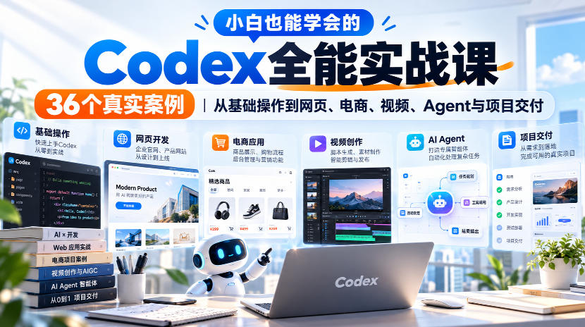 小白也能学会的Codex全能实战课|36个真实案例,从基础操作到网页、电商、视频、Agent与项目交付