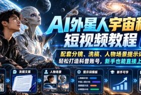 AI外星人宇宙科普短视频教程,配套分镜、洗稿、人物场景提示词模板,轻松打造科普账号,新手也能直接上手创作