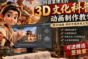 抖音某博主的3D文化科普动画制作教学，用3D动画呈现中国传统文化，可进精选签独家，单日收益1k+