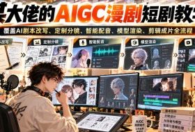 某大佬的AIGC漫剧短剧教学，覆盖AI剧本改写、定制分镜、智能配音、模型渲染、剪辑成片全流程